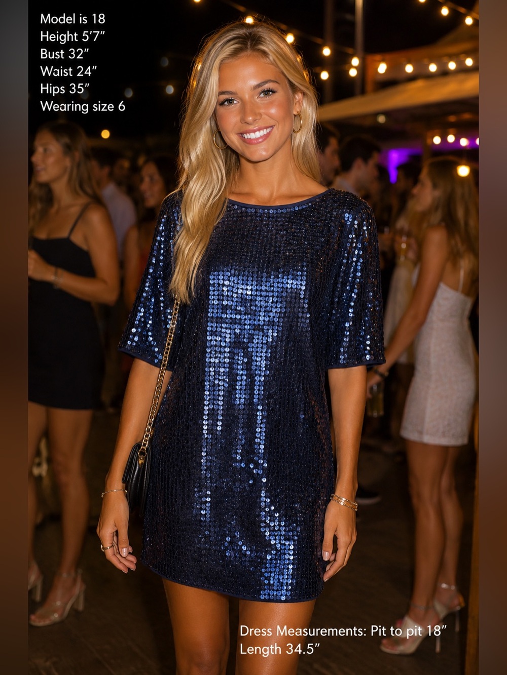 Rachel Roy Blue Sequin Mini Dress Shift 1/4 Sleeve Women's Size 6 Evening Event